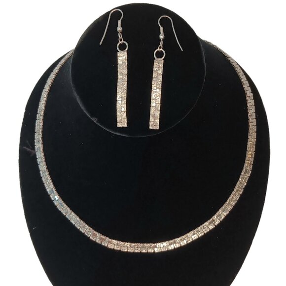 Vintage Jewelry - Vintage Silver Tone Nugget Flat Choker Necklace and Earrings Te Amo I Love You H